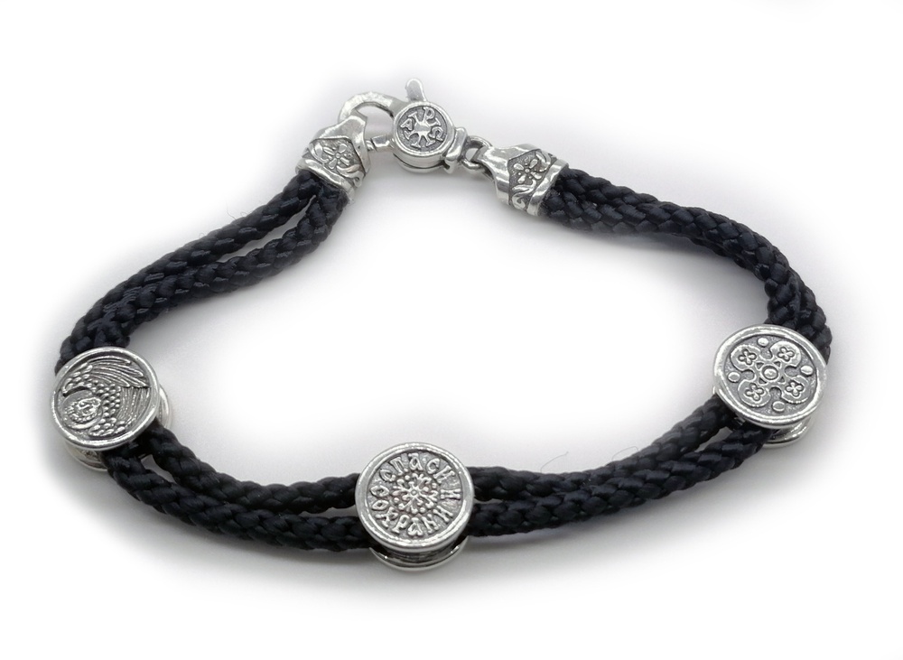 Срібний браслет Триптих з чорнінням на чорному плетеному шнурку 8011-IDE 16 розмір