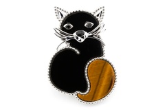 Срібна брошка "Котик" чорний (Онікс; Тигрове око) CI18009, Чорний