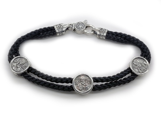 Срібний браслет Триптих з чорнінням на чорному плетеному шнурку 8011-IDE 16 розмір