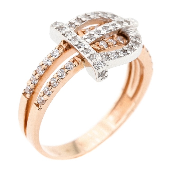 Золотое кольцо "Пряжка" с белыми фианитами 11943, 17,5 размер