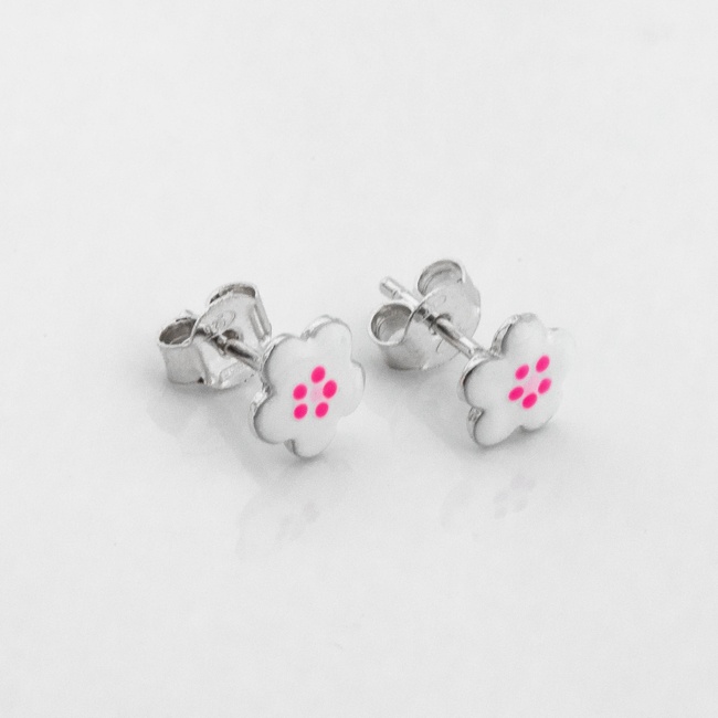 Детские серебряные серьги-пусеты Цветы с эмалью бело-розовые c121639, Белый|Розовый
