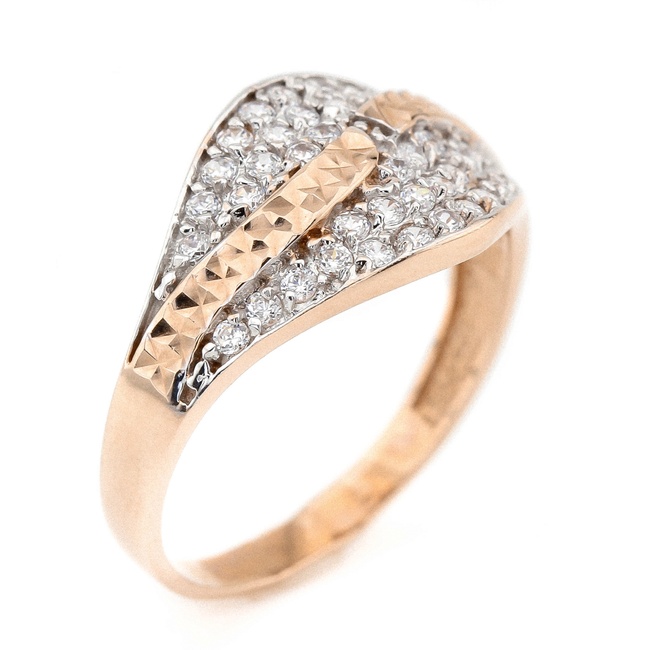 Классическое кольцо с резной дорожкой с фианитами из красного золота 585 пробы КК11149, 18 размер, 18, Белый