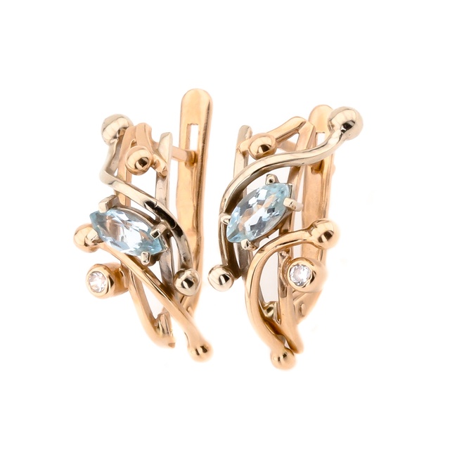 Золоті сережки з топазом маркіз та фіанітами в класичному стилі 12398top, Блакитний
