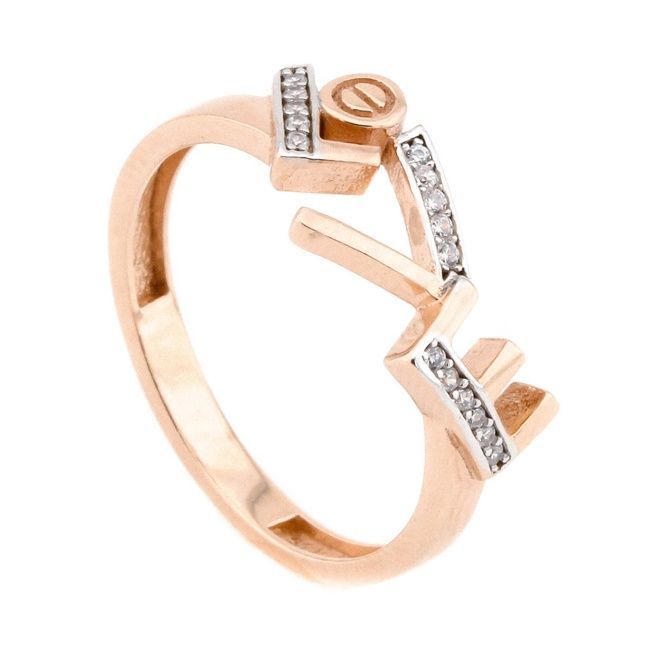 Золоте кільце "LOVE" абстракція з фіанітами KK11560, 18 розмір, 18, Білий