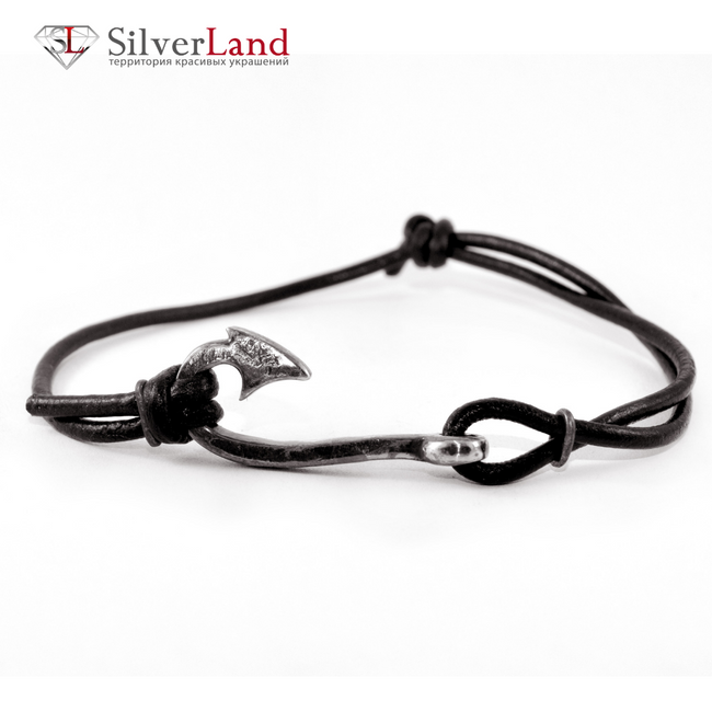 Шкіряний браслет-шнурок зі сріблом EJ Haak Black з рибальським гачком 4028/EJb чорний