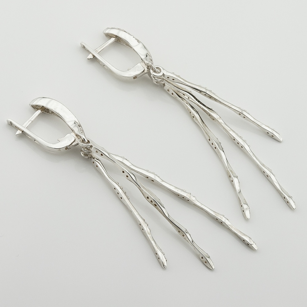 Срібні сережки-висюльки Палички з фіанітами із золотими накладками с1054ф