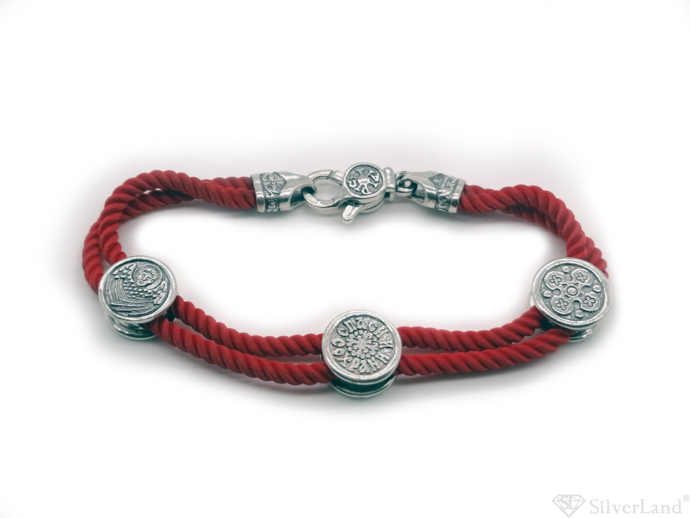 Серебряный браслет Триптих с чернением на красном плетеном шнурке 8011-red-IDE 16 размер