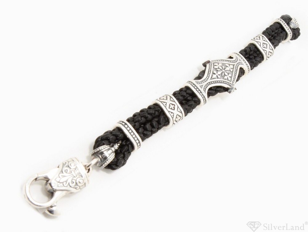 Срібний браслет із чорнінням на чорному плетеному шнурку 1048-IDE 17 розмір