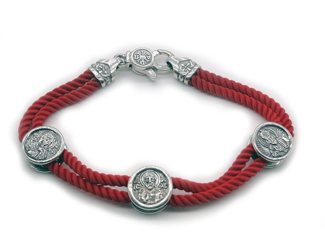 Серебряный браслет Триптих с чернением на красном плетеном шнурке 8011-red-IDE