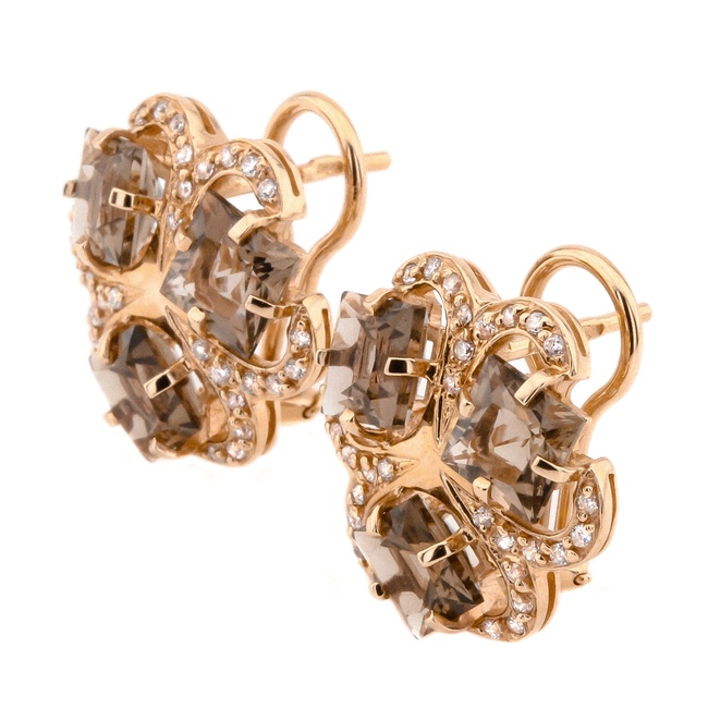 Золоті сережки у формі квітів з димчастим кварцом та фіанітами 12341sq, Коричневий