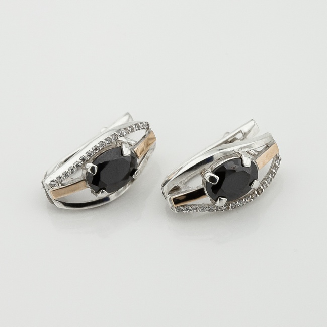 Срібні сережки з чорними фіанітами із золотими накладками класичні с721ф