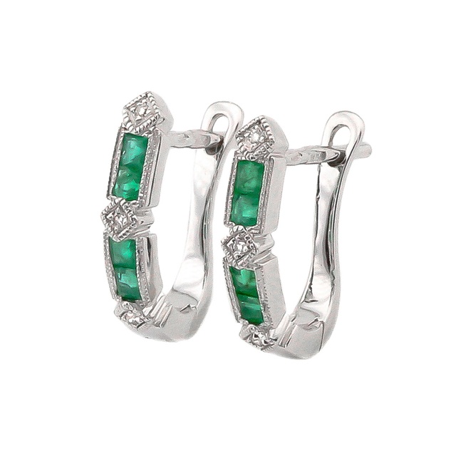 Золоті сережки білі доріжки зі смарагдами та діамантами KP21251, Зелений
