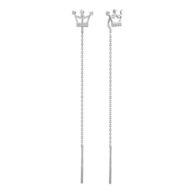 Срібні сережки-протяжки довгі Корона з ланцюжком з фіанітами родовані 923359-H, Білий