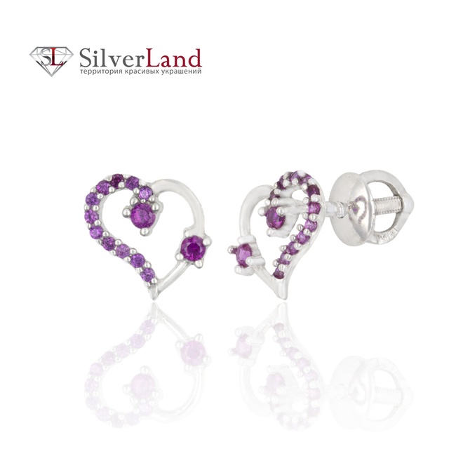 Срібні сережки гвоздики (пусети) Сердечка з фіанітами малинового кольору Арт. 923410, Малиновий