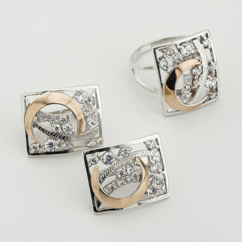 Серебряное кольцо с фианитами с золотыми накладками к537ф, 17,5 размер