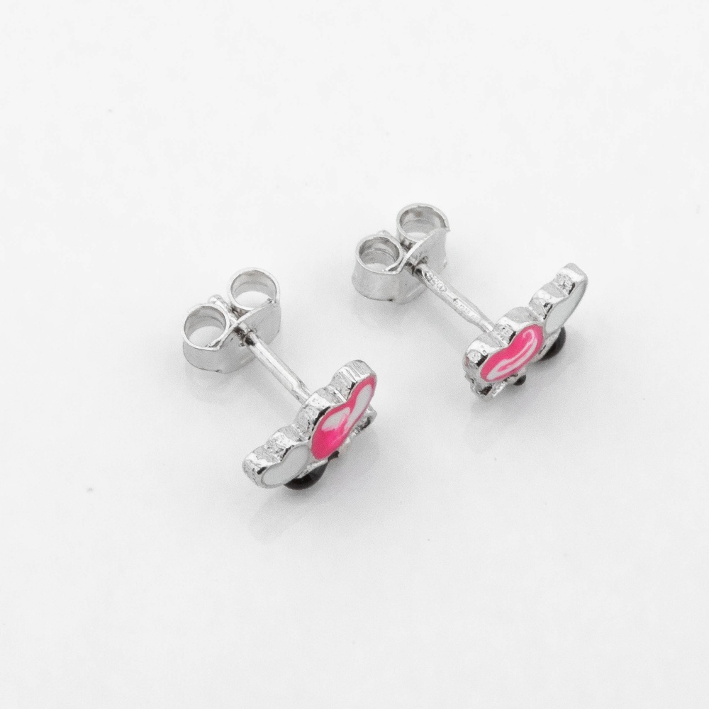 Детские серебряные серьги-пусеты Бабочка бело-розовая с эмалью c121641, Белый|Розовый