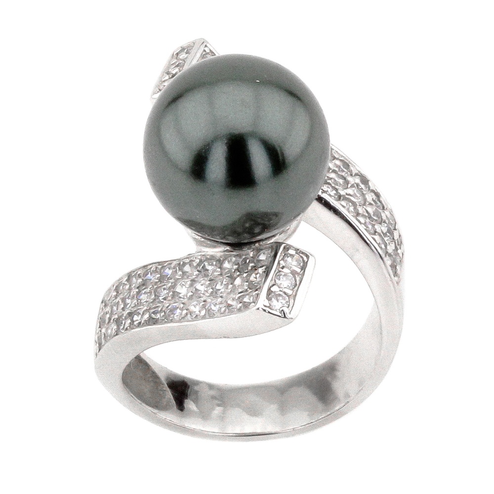 Срібне гнуте кільце з чорним перлами і фіанітами K11611, 18 розмір, 18, Чорний