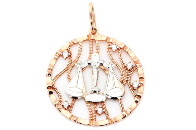 Золотой кулон круглый знак зодиака Весы с фианитами КР13306, Белый