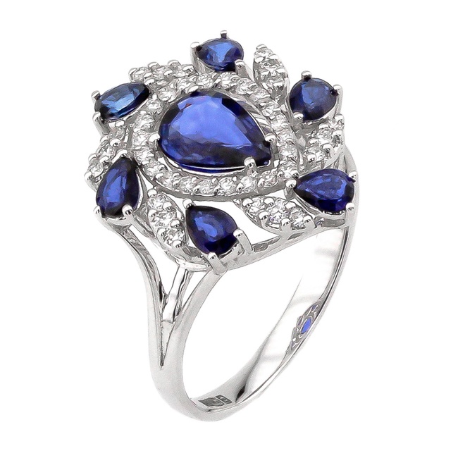 Золотое кольцо Капля с бриллиантами и синими сапфирами RO10129-2, 18 размер