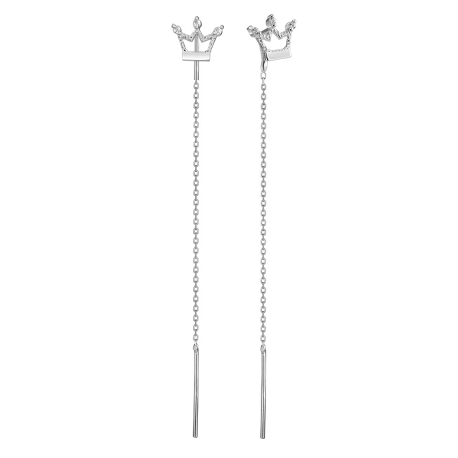 Серебряные серьги-протяжки длинные Корона с цепочкой с фианитами родированные 923360-H, Белый