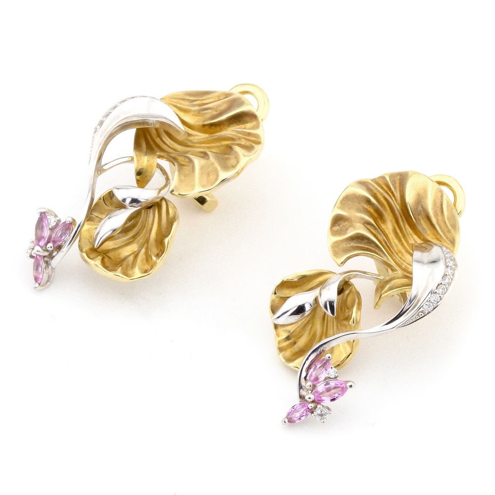 Золотые серьги Цветы (розовый сапфир; бриллиант) с итальянской застежкой 12287, Розовый|Белый