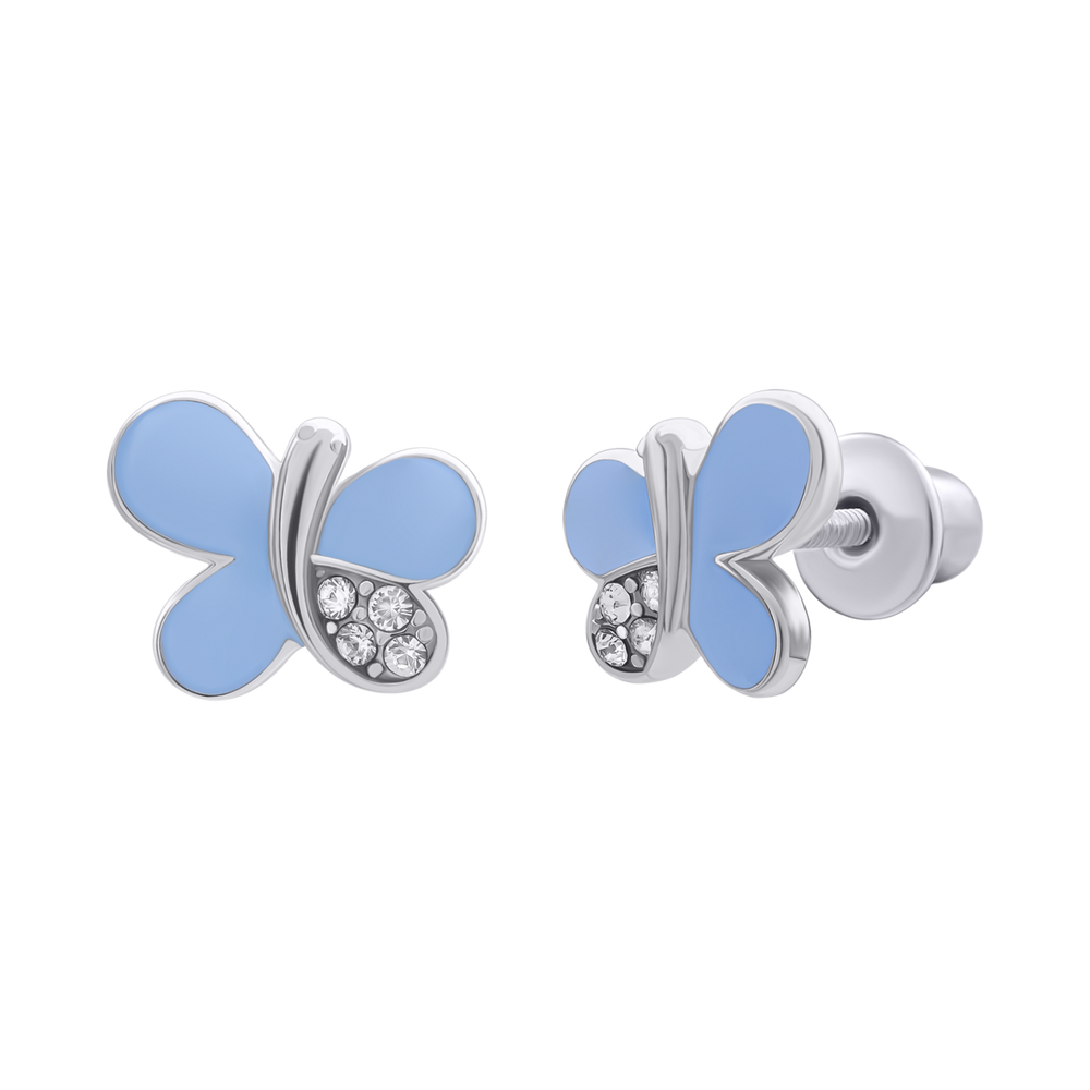 Дитячі срібні сережки пусети Метелик блискуча з блакитною емаллю та фіанітами 2195715006040501, Блакитний, UmaUmi Fly