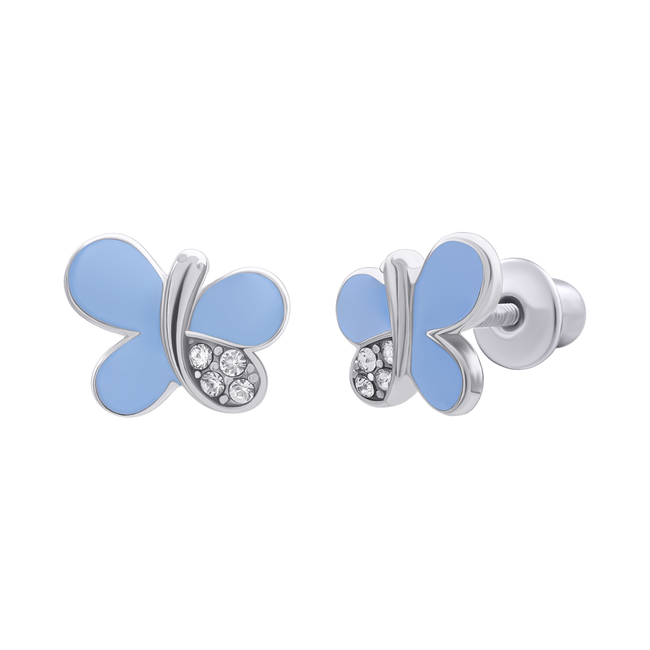 Дитячі срібні сережки пусети Метелик блискуча з блакитною емаллю та фіанітами 2195715006040501, Блакитний, UmaUmi Fly