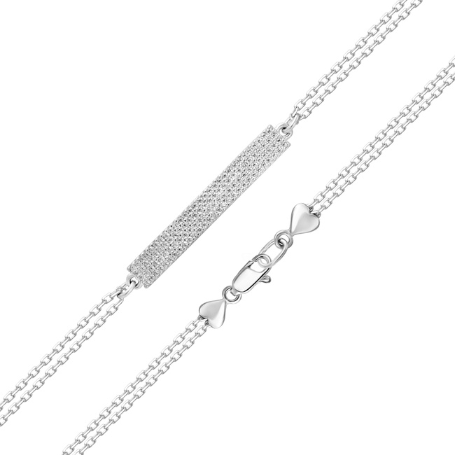 Срібний браслет на подвійний ланцюжку "Пластина Сердечка" з білими фіанітами с40051-H, Білий