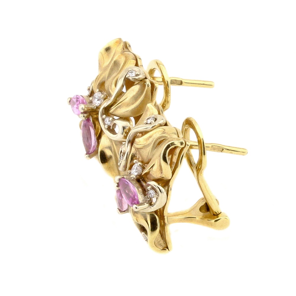 Сережки Квіти з рожевим сапфіром та діамантами з жовтого золота 12301, Рожевий