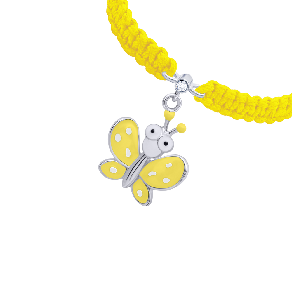 Браслет-шнурок жовтий плетений зі сріблом Метелик Жовтий з емаллю та Сваровські Арт. 5430uub