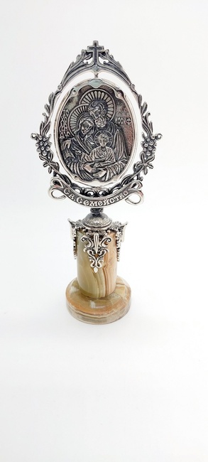 Серебряная икона настольная Святое Семейство на подставке из мраморного оникса 1043-IDE