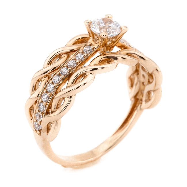 Золотое кольцо косичка с выступающим камнем с фианитами КК11140, 18 размер, 18, Белый