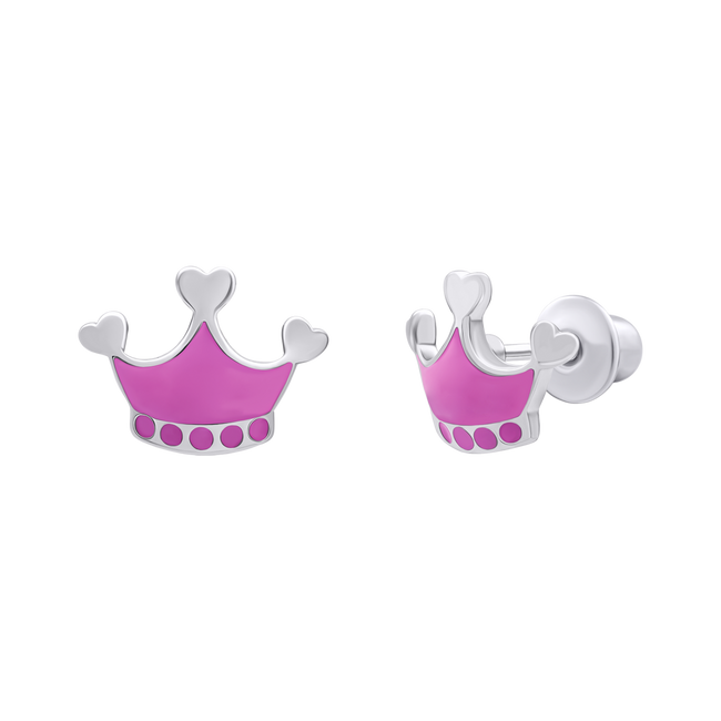 Дитячі срібні сережки пусети Корона рожева з емаллю 2195557006110501, Рожевий, UmaUmi Symbols