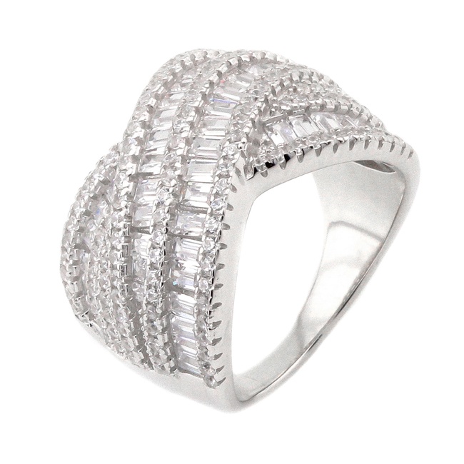 Эксклюзивное серебряное широкое кольцо с фианитами (прямоульными) K11725, 17 размер, 17, Белый