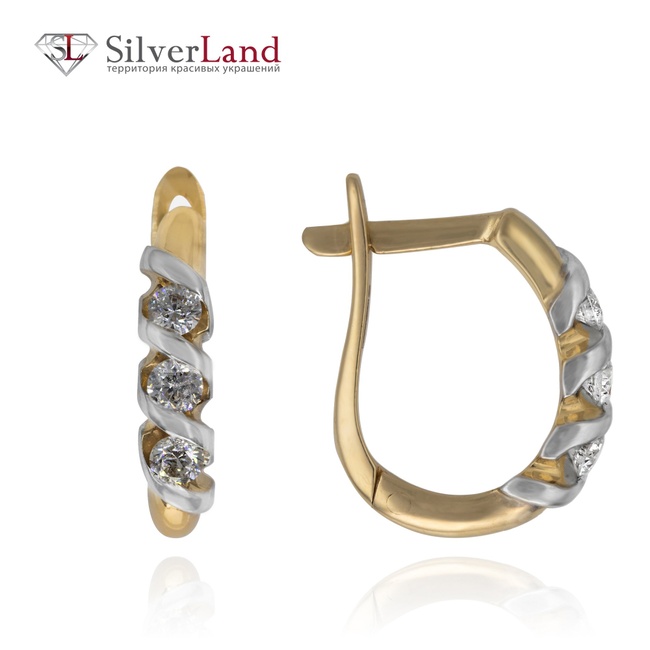 Сережки золоті з діамантами класика англійський замок Арт. 420601-g, Білий