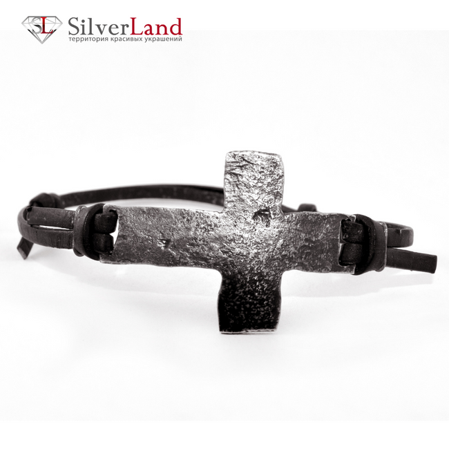Кожаный черный гранжевый браслет "EJ Stone cross" с серебром (каменный Туровский крест) Арт. 4021/EJ