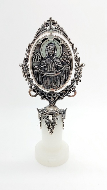 Срібна Ікона настільна Покров Богоматері на підставці з онікса 1044-IDE