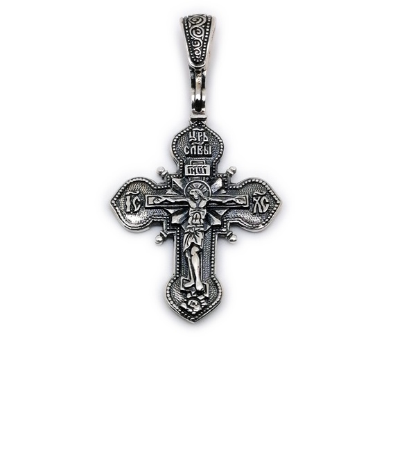 Срібний Хрест 2 розп'яття та з Божою Матір'ю на зворотному боці чорнений 2 031-IDE