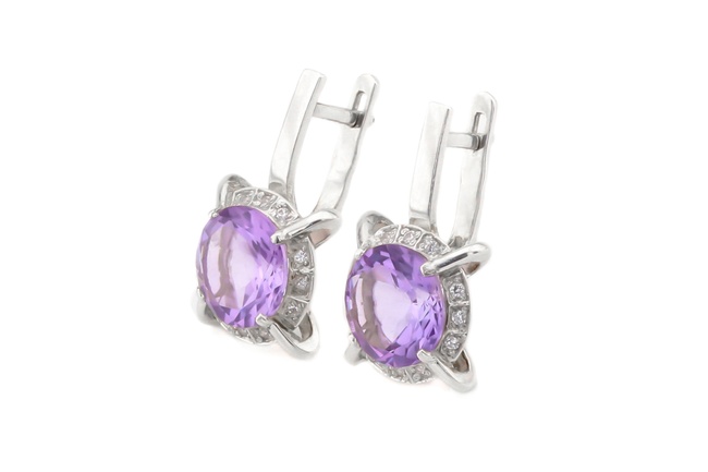 Срібні сережки з фіолетовим аметистом та фіанітами 12334-2, Фіолетовий