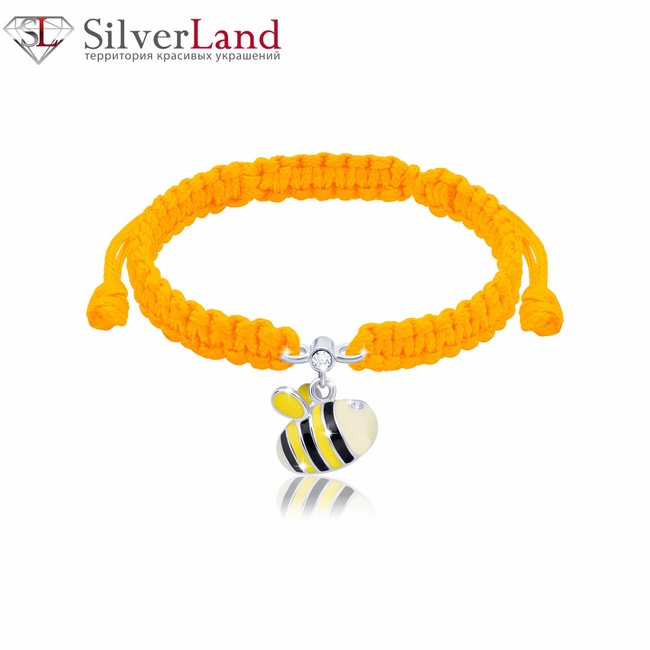 Браслет на помаранчевому шнурку плетений Бджола з жовтою емаллю та Сваровські зі сріблом для дівчинки Арт. 5566uub