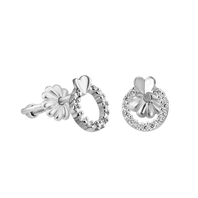 Серебряные серьги Круги маленькие с сердцем с белыми фианитами (8 мм) 923405-H, Белый