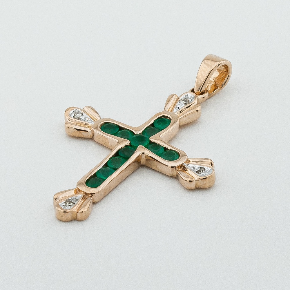 Золотой крестик с изумрудами и бриллиантами прямой фигурный П-133-0058, Белый|Зеленый