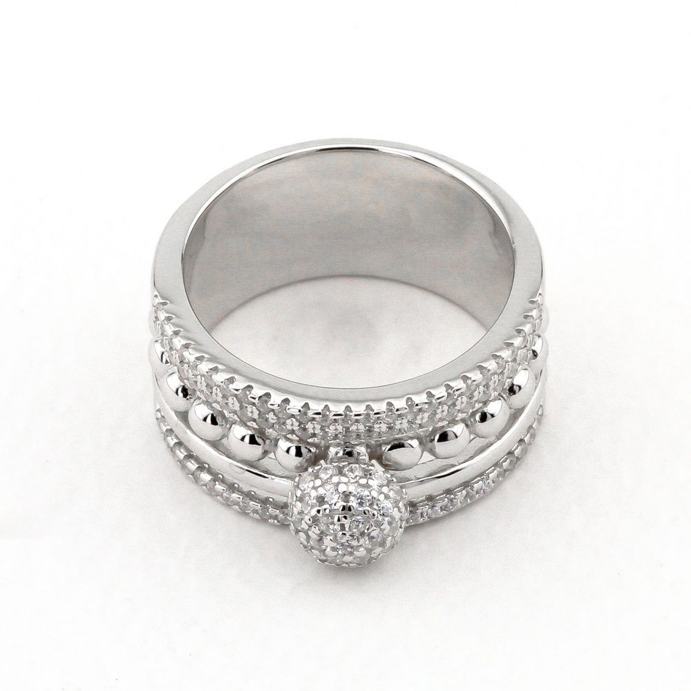Серебряное кольцо широкое "Шарик" с дорожками с фианитами K11879,18 размер