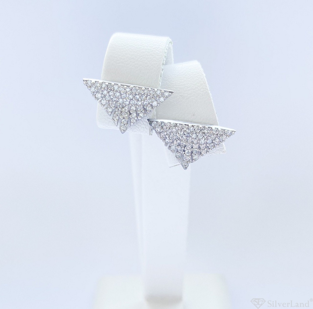 Срібні сережки пусети (гвоздики) Трикутник з камінням широкий з білими фіанітами 923463-Н, Білий