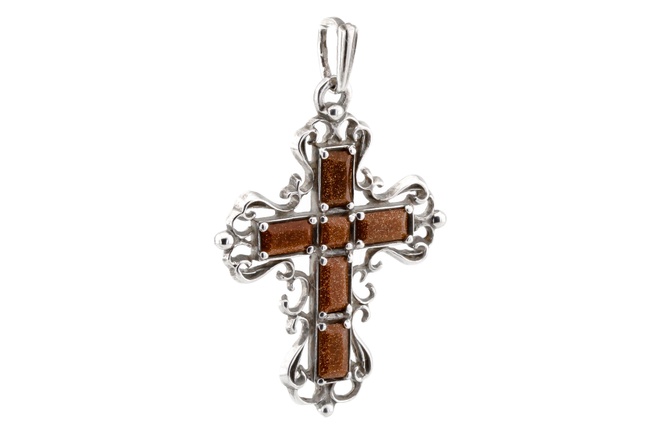 Фигурный серебряный крестик с коричневым авантюрином CP13156, Коричневый