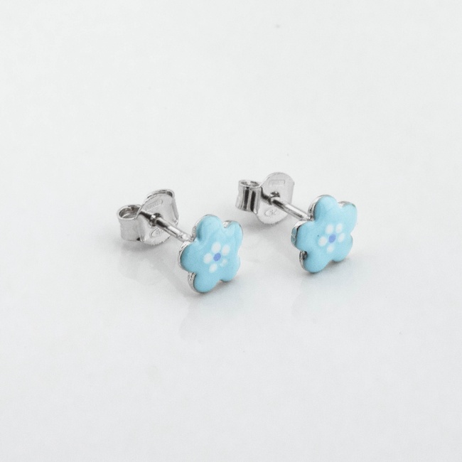 Детские серебряные серьги-пусеты Цветы голубые с эмалью c121635, Голубой|Белый
