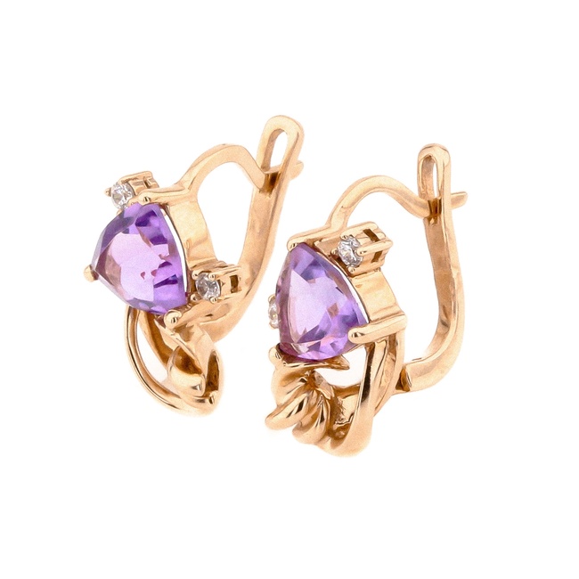 Золоті сережки класичні з аметистами трильйон та фіанітами 12503am, Фіолетовий