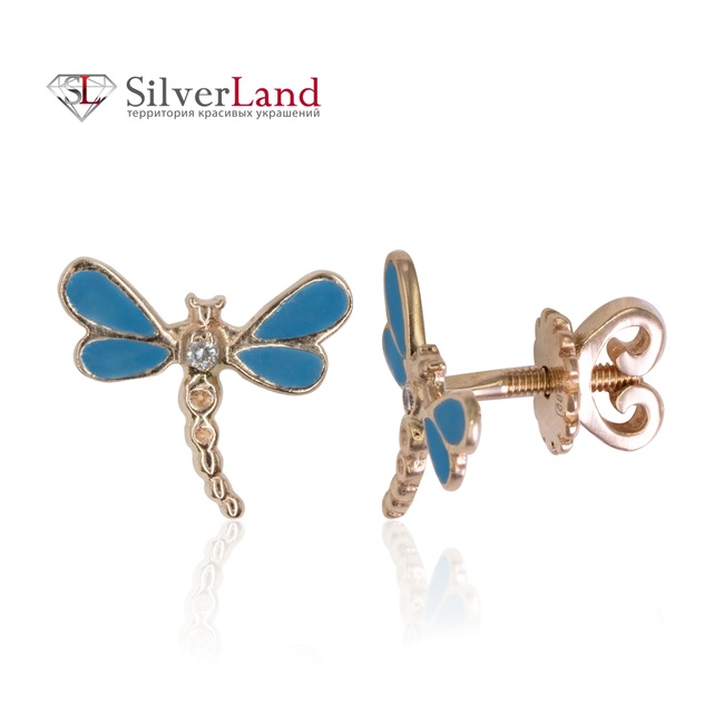 Золоті сережки-гвоздики (пусети) Бабка з блакитною емаллю та діамантами Арт. Y12313, Блакитний