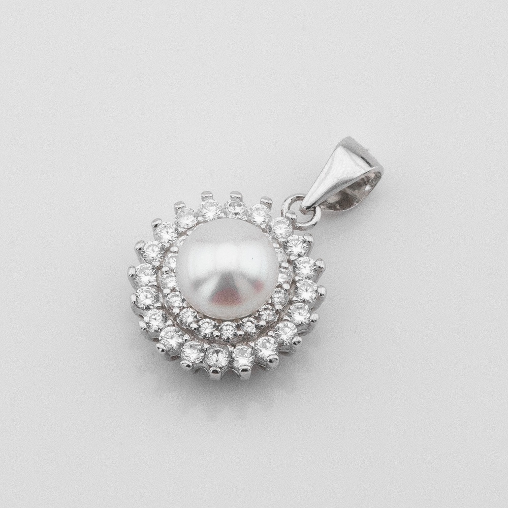 Срібна підвіска кругла Гурток з ім. перлів та білими фіанітами P13737, Білий