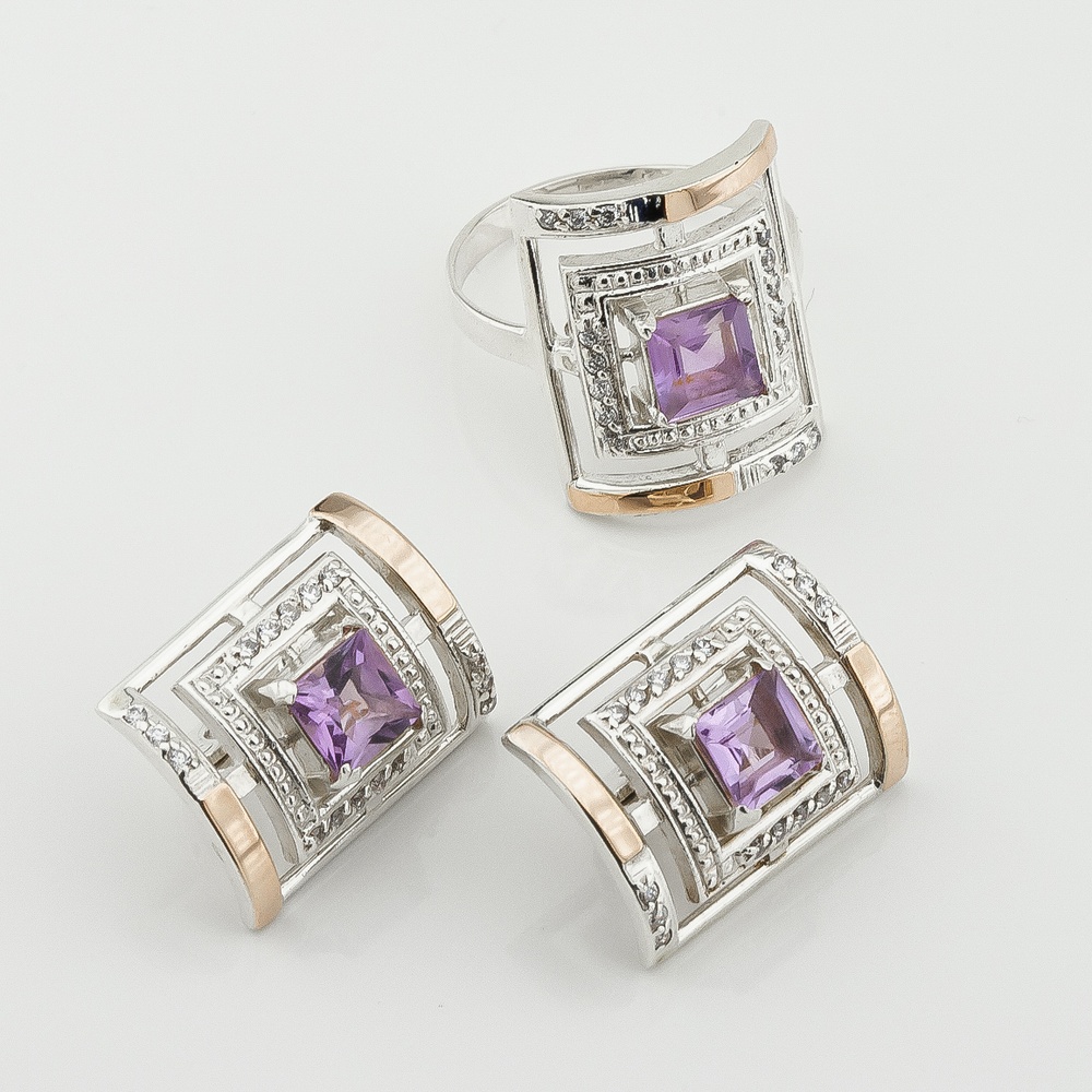 Серебряные серьги Квадраты с фиолетовыми фианитами с золотыми накладками с2640фл